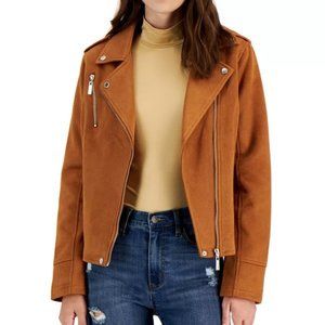 Jou Jou Caramel Colored Faux Suede Moto Jacket Coat, Sz Small, NWT